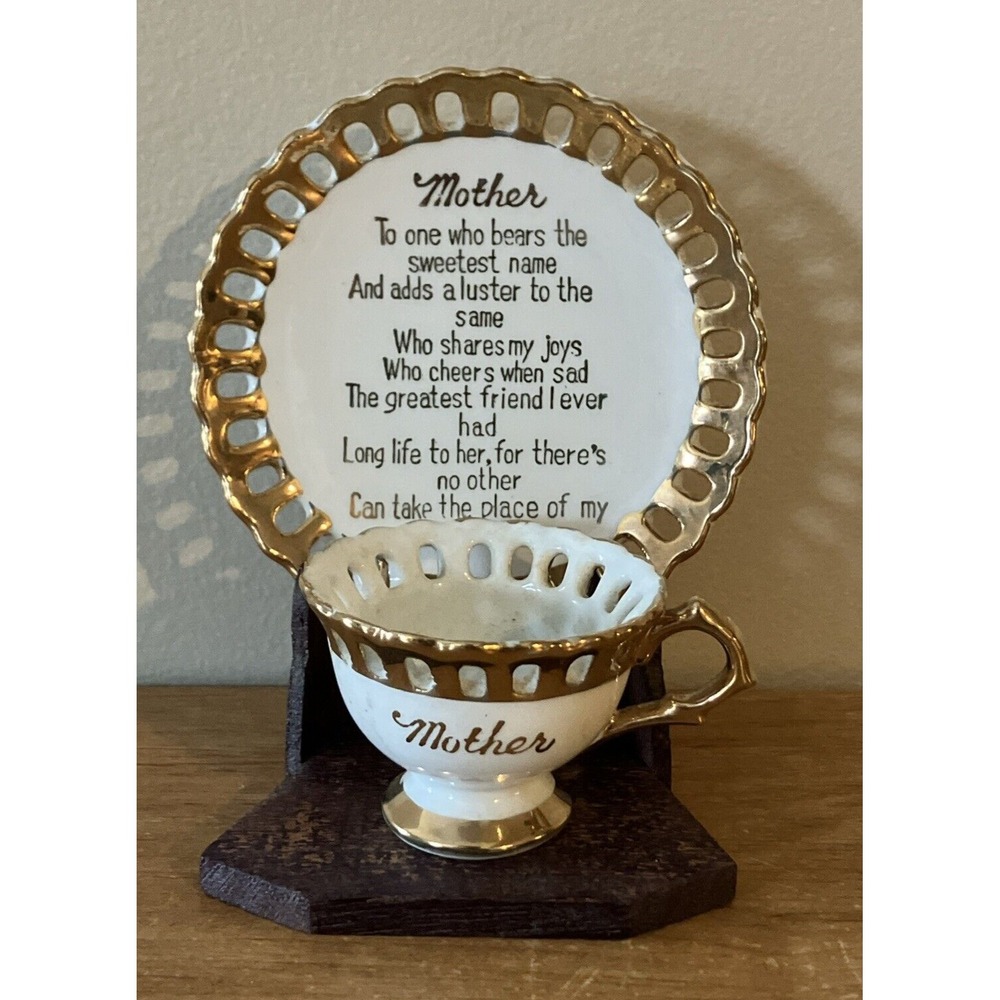 Vintage 3.5" Novelty Golden Edge MOTHER Tea Cup & Saucer w/Stand- Norcrest Japan